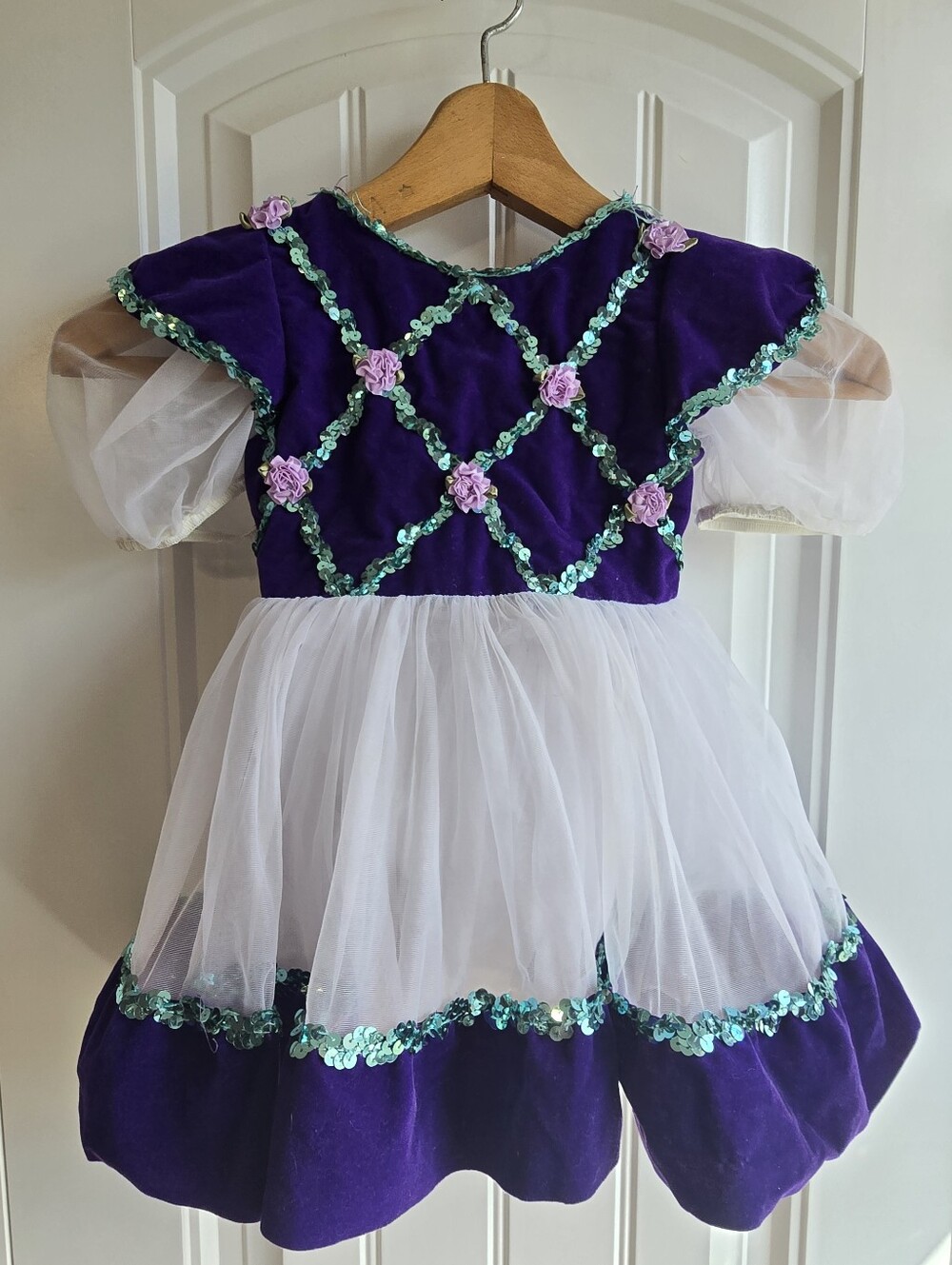 Vintage Girls 4C Purple Velvet Ballet Dance Costume Dress Sequin Rose Recital